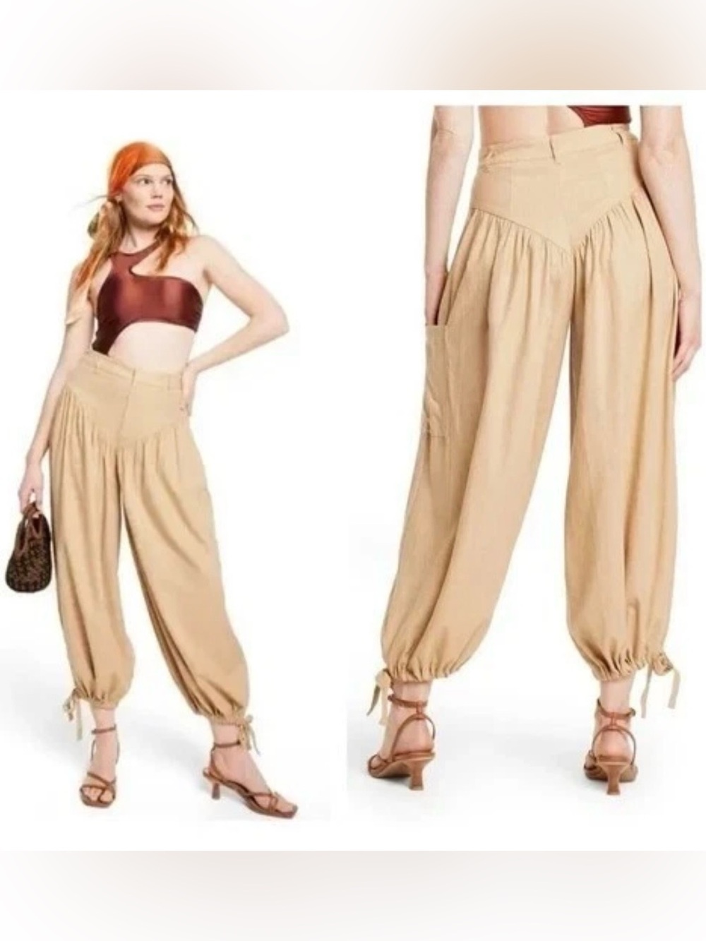 Fe Noel x Target Yoke High Rise Linen Blend Barrel Leg Pants, Khaki Size 2